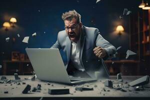 AI generated A angry businessman Throw a broken computer on the floor photo