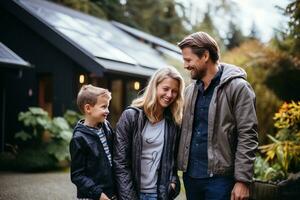 ai generado un contento Pareja y un grande casa con solar paneles instalado foto