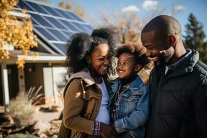 AI generated A happy couple and a large house with solar panels installed. photo