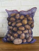 Abundance of Fresh Potatoes in Burlap Bag on Wooden Table, Harvest Theme photo