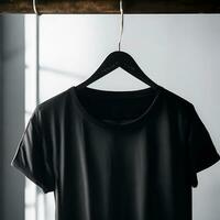 AI generated A black t shirt is hanging on a hanger with the word on it Ai generated photo