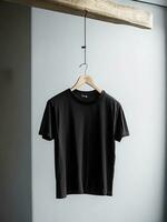 AI generated A black t shirt is hanging on a hanger with the word on it Ai generated photo