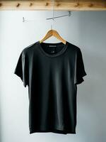 AI generated A black t shirt is hanging on a hanger with the word on it Ai generated photo