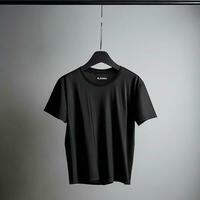 AI generated A black t shirt is hanging on a hanger with the word on it Ai generated photo