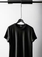 AI generated A black t shirt is hanging on a hanger with the word on it Ai generated photo