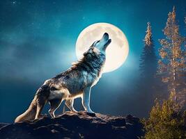 AI generated Howling wolf against the full moon background and the wilderness Neural network ai generated photo