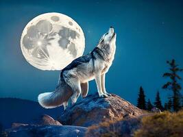 ai generado clamoroso lobo en contra el lleno Luna antecedentes y el desierto neural red ai generado foto