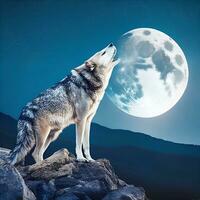 AI generated Howling wolf against the full moon background and the wilderness Neural network ai generated photo