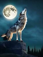 AI generated Howling wolf against the full moon background and the wilderness Neural network ai generated photo