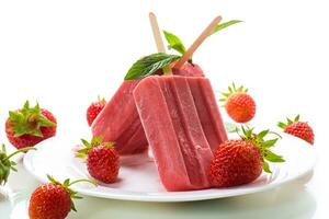 homemade strawberry ice cream on a stick made from fresh strawberries in a plate photo