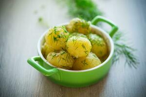 boiled early potatoes with butter and fresh dill in a bowl photo