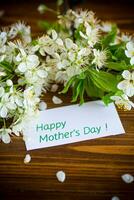 saludo tarjeta para madre y floreciente primavera rama con flores foto