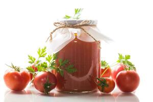 cocido hecho en casa tomate jugo Enlatado en un tarro de natural Tomates. foto