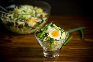 spring salad with early cabbage, cucumbers, eggs and green onions photo
