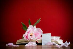 peonía rosado hermosa flor, libro con un saludo tarjeta foto