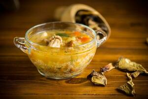 vegetarian vegetable soup with porcini mushrooms in a glass bowl photo