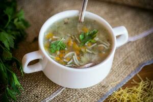 cooked hot soup with noodles and vegetables photo