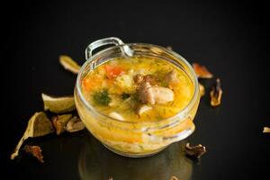 vegetarian vegetable soup with porcini mushrooms in a glass bowl photo