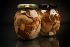 pickled wild boletus mushrooms in a glass jar photo