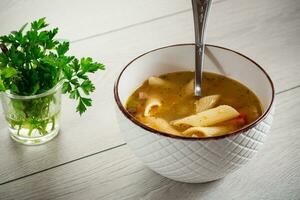 hot vegetable soup with large pasta in a bowl photo