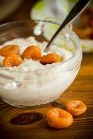 cooked boiled sweet oatmeal with dried apricots in a bowl photo