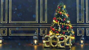 3D render of Decorated Christmas tree on blurred  background and happy new year concept 2024, 2024 balloons photo