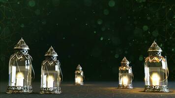 3D render of golden shiny fanous on dark background, eid. ramadan kareem background concept photo