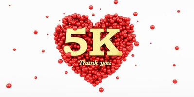 3D render of a gold 5000 followers thank you isolated on white background, 3k, red heart and red balloons, ball. photo