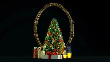 3D render of Decorated Christmas tree with presents isolated on black background, new year concept photo