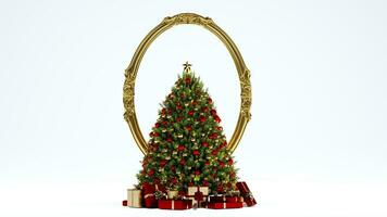 3D render of Decorated Christmas tree with presents isolated on white background, new year concept photo