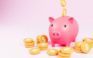 pile of gold coins around Pink piggy bank. coins 3d bank, investment concept. Pink gradient background 3d photo