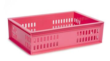 Pink plastic storage baskets, reusable crates, lightweight boxes. isolated on a white background. photo
