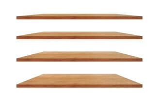 A collection of four wooden shelves on a white background that separates the objects. for a product display montage. photo