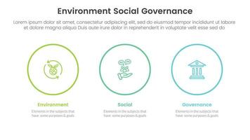 esg environmental social and governance infographic 3 point stage template with big circle outline horizontal concept for slide presentation vector