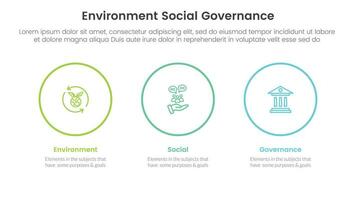 esg environmental social and governance infographic 3 point stage template with big circle outline horizontal concept for slide presentation vector