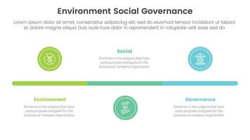 esg environmental social and governance infographic 3 point stage template with small circle timeline balance concept for slide presentation vector