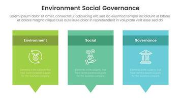 esg environmental social and governance infographic 3 point stage template with rectangle box and callout comment dialog concept for slide presentation vector