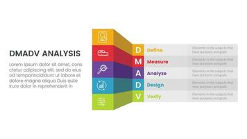 dmadv six sigma framework methodology infographic with box table shadow 3d style information 5 point list for slide presentation vector