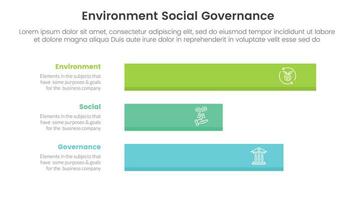 esg environmental social and governance infographic 3 point stage template with horizontal long data box concept for slide presentation vector