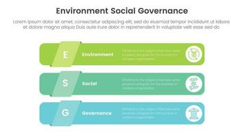 esg environmental social and governance infographic 3 point stage template with long round rectangle shape concept for slide presentation vector