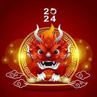 Happy Chinese New Year with cloud line and dragon elements on stage vector
