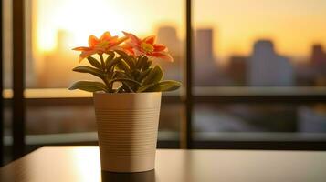 AI generated Flower pot on a office desk, succulent cactus vase, Generative AI photo