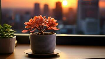 AI generated Flower pot on a office desk, succulent cactus vase, Generative AI photo