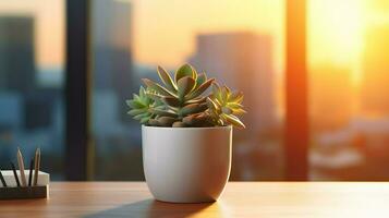 AI generated Flower pot on a office desk, succulent cactus vase, Generative AI photo