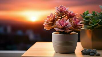 AI generated Flower pot on a office desk, succulent cactus vase, Generative AI photo