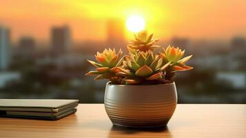 AI generated Flower pot on a office desk, succulent cactus vase, Generative AI photo