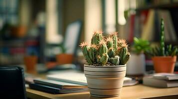 ai generado flor maceta en un oficina escritorio, suculento cactus florero, generativo ai foto