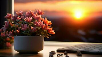 AI generated Flower pot on a office desk, succulent cactus vase, Generative AI photo