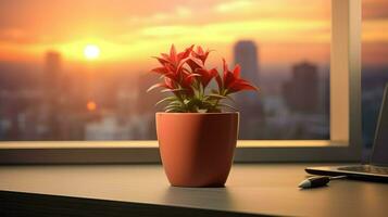 AI generated Flower pot on a office desk, succulent cactus vase, Generative AI photo