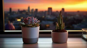 AI generated Flower pot on a office desk, succulent cactus vase, Generative AI photo